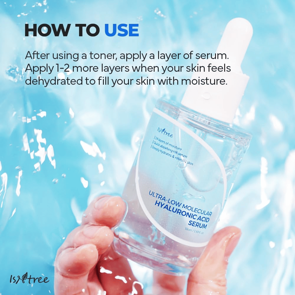 Isntree Ultra-Low Molecular Hyaluronic Acid Serum que é aplicado após o tônico para hidratação intensa, mostrado na mão com respingos de água, sérum leve para pele seca e desidratada.