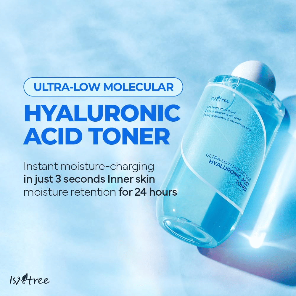 Imagem do produto de Isntree Ultra-Low Molecular Hyaluronic Acid Toner com fundo azul. O texto destaca hidratação rápida em 3 segundos e efeito de retenção de umidade por 24 horas. A garrafa é mostrada em ângulo ampliado com rótulo claro.