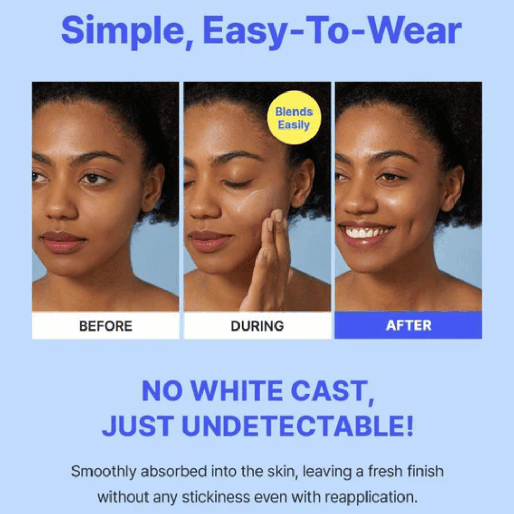 Imagens de antes, durante e depois de uma mulher aplicando proteção solar; o produto mistura-se facilmente sem deixar resíduo branco e proporciona um acabamento natural.