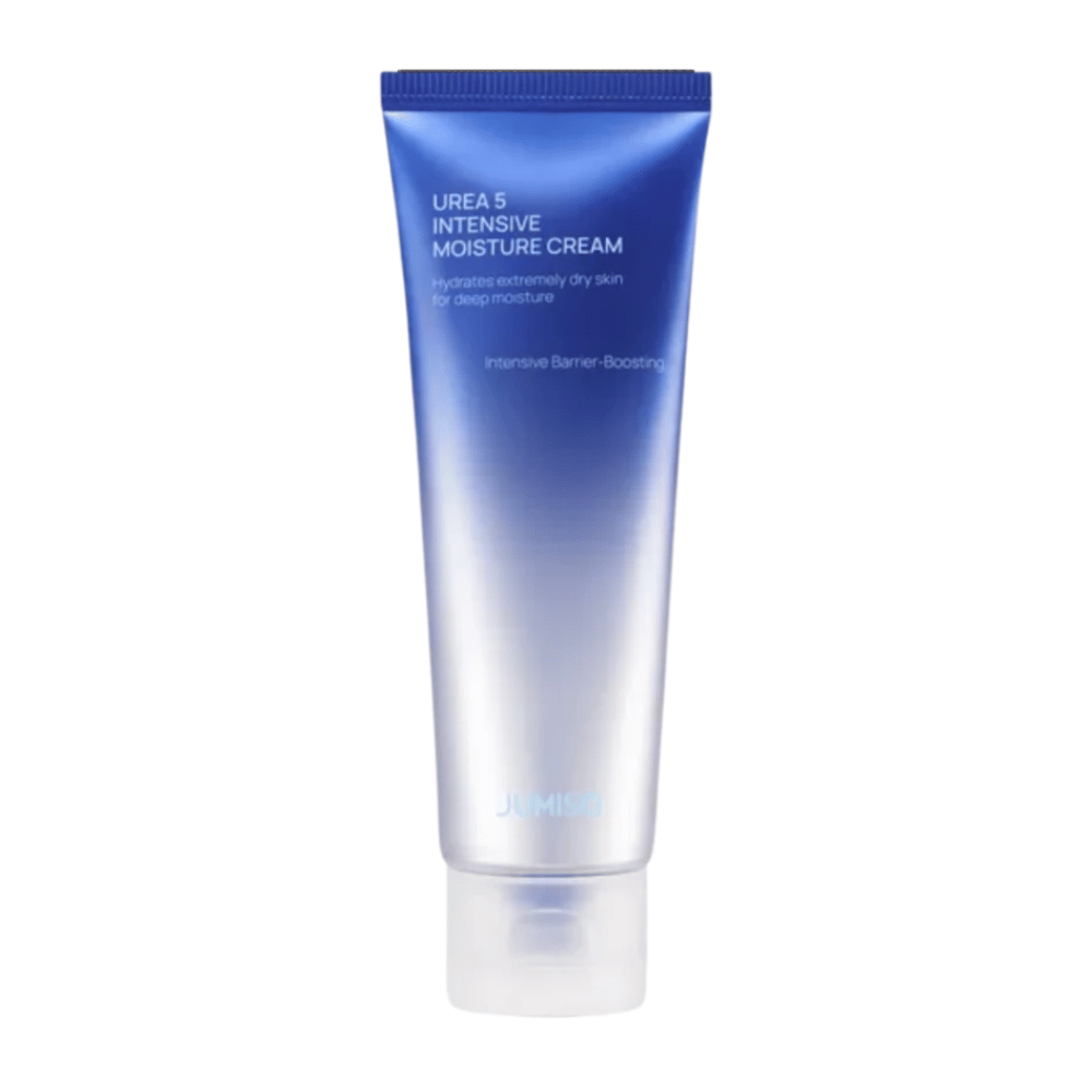 Imagem de produto recortada de Jumiso Urea 5 Intensive Moisture Cream sobre fundo branco. A bisnaga azul com design minimalista destaca o foco do produto na hidratação intensiva e no cuidado de reforço da barreira cutânea para pele muito seca.
