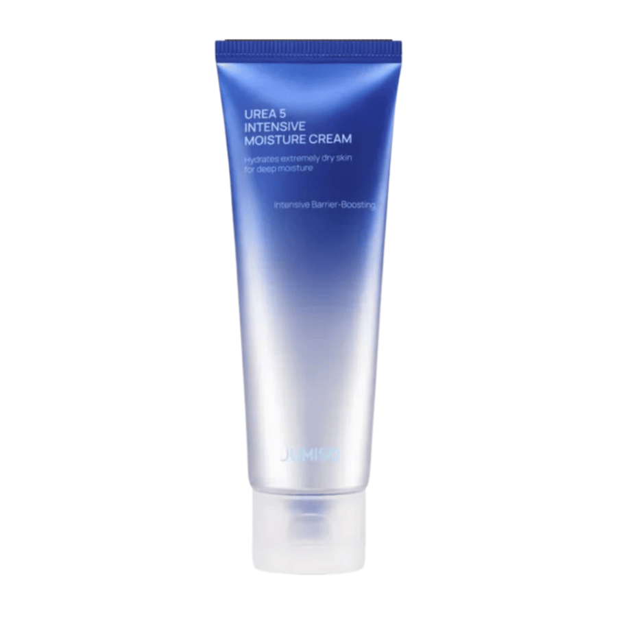 Imagem de produto recortada de Jumiso Urea 5 Intensive Moisture Cream sobre fundo branco. A bisnaga azul com design minimalista destaca o foco do produto na hidratação intensiva e no cuidado de reforço da barreira cutânea para pele muito seca.