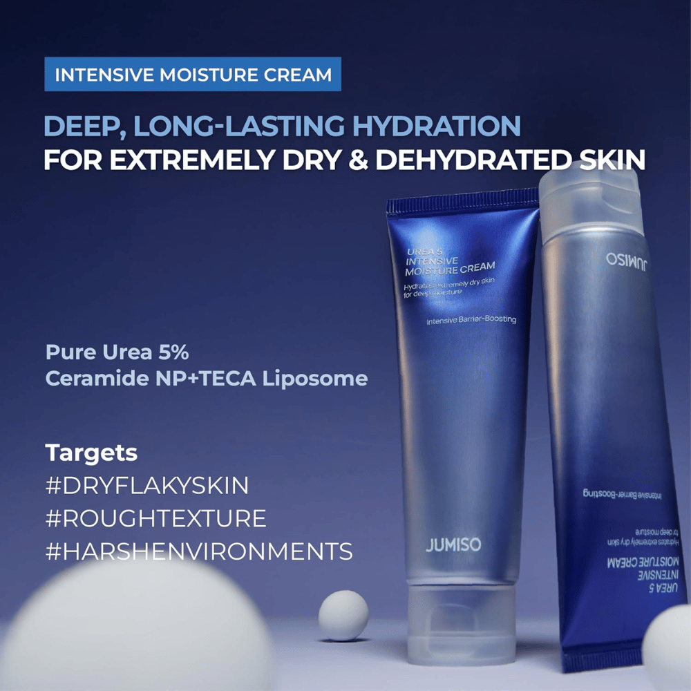 Imagem de marketing que apresenta o creme como uma solução de hidratação intensiva para pele extremamente seca e desidratada. A imagem destaca os ingredientes-chave 5% de ureia, Ceramide NP e TECA Liposome, além de recomendar o produto para pele seca, descamativa, textura áspera da pele e agressões de ambientes secos.