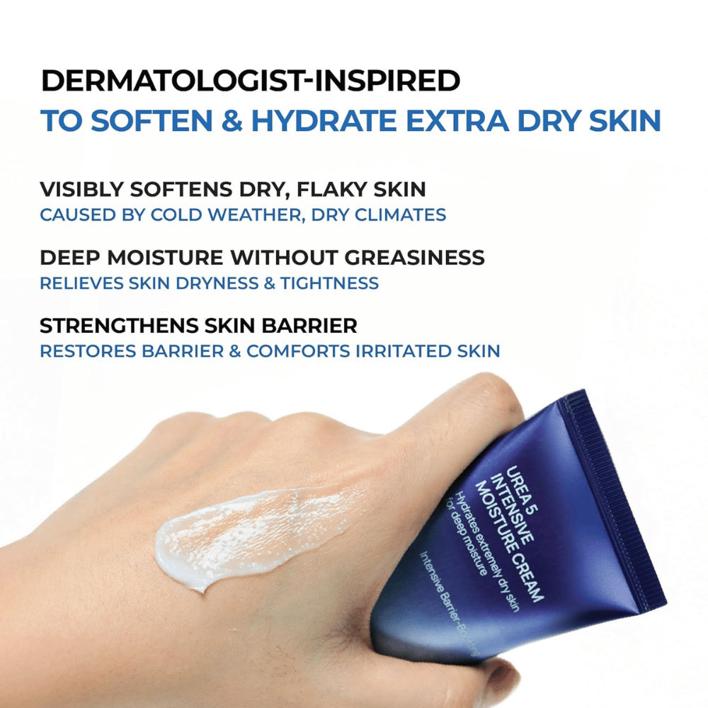 Imagem informativa que destaca os principais benefícios de Jumiso Urea 5 Intensive Moisture Cream. O creme é descrito como inspirado dermatologicamente para pele muito seca e ajuda a suavizar a pele descamativa, proporcionar hidratação profunda sem sensação oleosa, bem como fortalecer a barreira cutânea. Uma mão mostra a textura cremosa do produto sobre a pele.