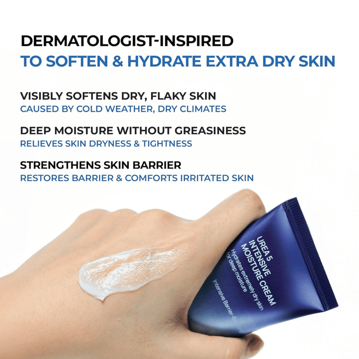 Imagem informativa que destaca os principais benefícios de Jumiso Urea 5 Intensive Moisture Cream. O creme é descrito como inspirado dermatologicamente para pele muito seca e ajuda a suavizar a pele descamativa, proporcionar hidratação profunda sem sensação oleosa, bem como fortalecer a barreira cutânea. Uma mão mostra a textura cremosa do produto sobre a pele.