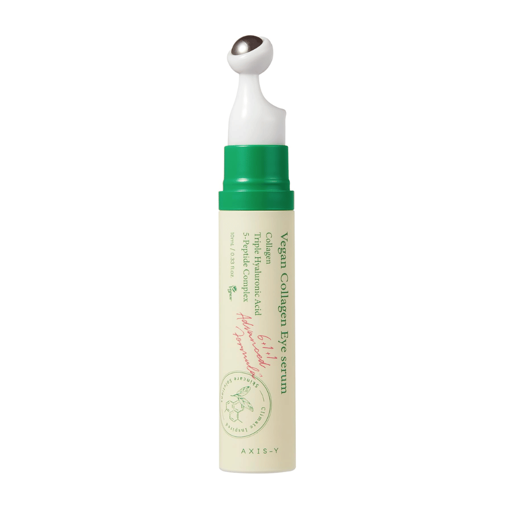 AXIS-Y Vegan Collagen Eye Serum 10ml com um aplicador verde, projetado para reduzir rugas e hidratar a área sensível ao redor dos olhos. O produto contém colágeno vegano, ácido hialurônico e um complexo de 5 peptídeos para proporcionar cuidado e nutrição intensiva.