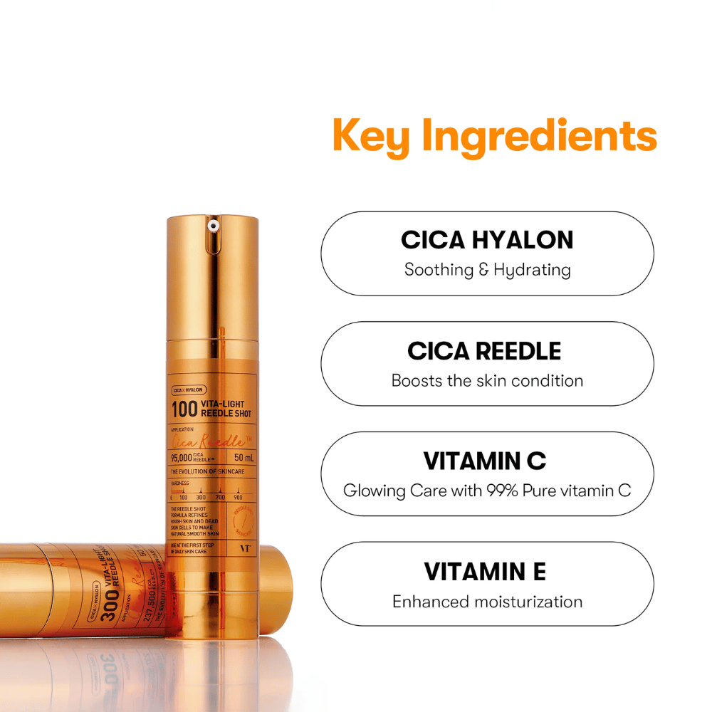 Frasco dourado VT Cica Hyalon Vita-Light Reedle Shot 100hL, 50 ml, com bomba, em pé ao lado de um frasco deitado. À direita estão listados os ingredientes principais: Cica Hyalon, Cica Reedle, Vitamina C e Vitamina E.