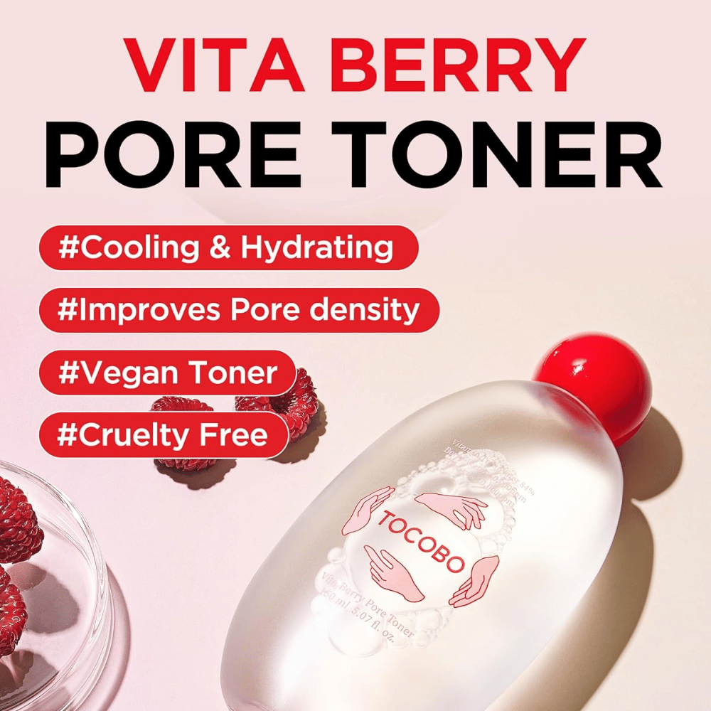 Imagem de produto com texto que destaca as propriedades do tónico, como hidratação, sensação refrescante, cuidado melhorado dos poros, bem como o facto de o produto ser vegan e cruelty-free.