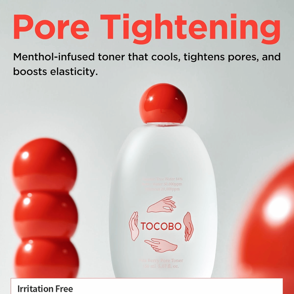 Imagem promocional de TOCOBO Vita Berry Pore Toner que descreve o efeito refrescante do tónico, as propriedades adstringentes para os poros e a melhoria da elasticidade da pele com uma fórmula com mentol.