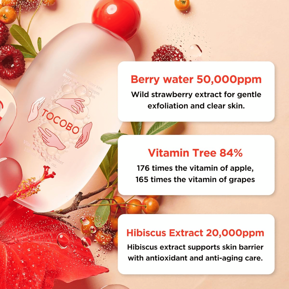 Imagem de ingredientes que destaca os ingredientes-chave do tónico, incluindo berry water, vitamin tree e extrato de hibisco, com foco na esfoliação, cuidado antioxidante e reforço da barreira cutânea.