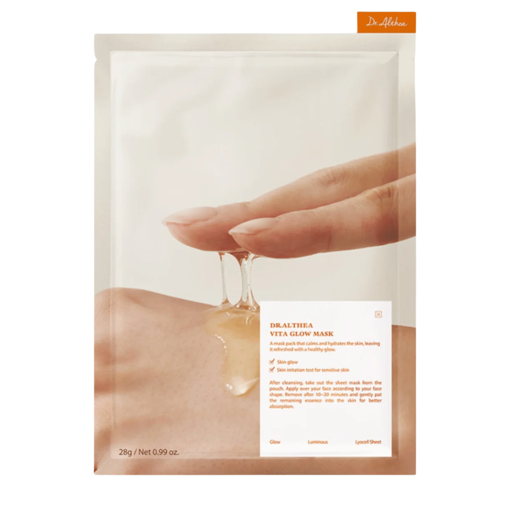 Embalagem de Dr. Althea Vita Glow Mask que mostra a essência da máscara. Hidratante Sheet mask para brilho e tom de pele uniforme, suave até mesmo para pele sensível.