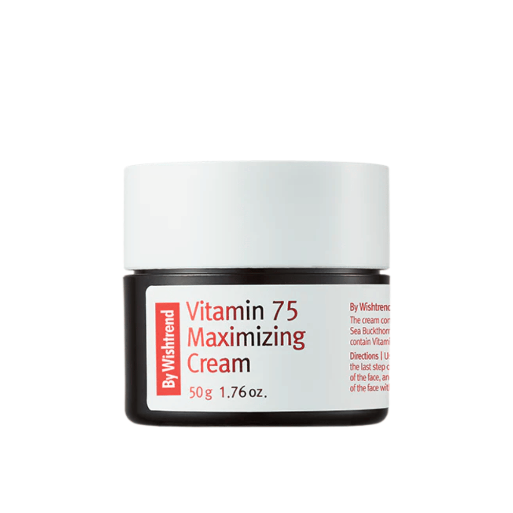 By Wishtrend Vitamin 75 Maximizing Cream textura cremosa em boião que é rapidamente absorvida e hidrata a pele sem a deixar pesada.