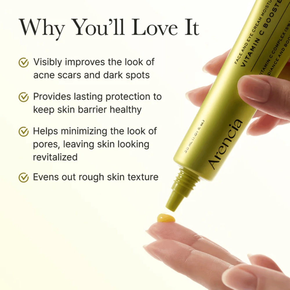 Arencia Vitamin C Booster Shot benefícios – sérum de vitamina C que melhora cicatrizes de acne e manchas escuras, fortalece a barreira da pele, minimiza poros e uniformiza a textura da pele