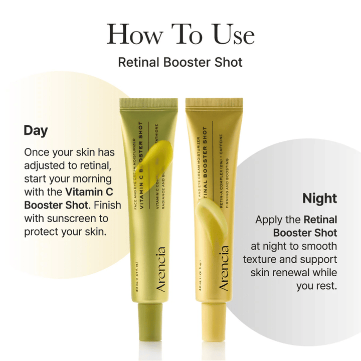 Como usar Arencia Vitamin C Booster Shot – sérum de vitamina C na rotina da manhã e reforço de retinal à noite para um tom de pele mais uniforme e melhor brilho