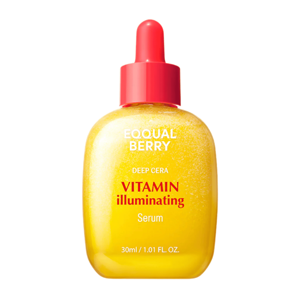 Equal Berry Vitamin Illuminating Serum em uma garrafa amarela cintilante com pipeta vermelha. Proporciona brilho e nutrição para uma pele radiante.