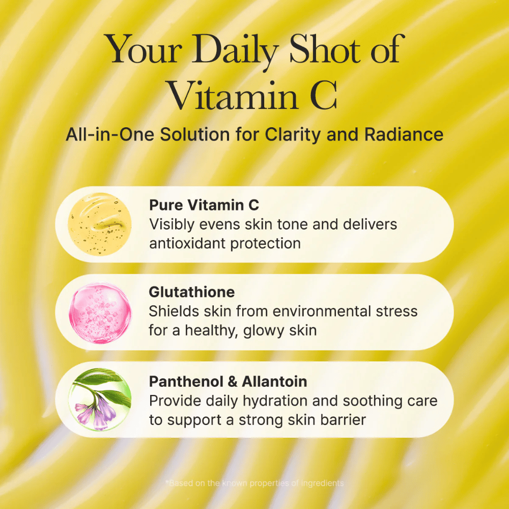 Arencia Vitamin C Booster Shot visão geral dos ingredientes – vitamina C que uniformiza o tom de pele, glutationa com efeito antioxidante, além de pantenol e alantoína que hidratam e acalmam a pele
