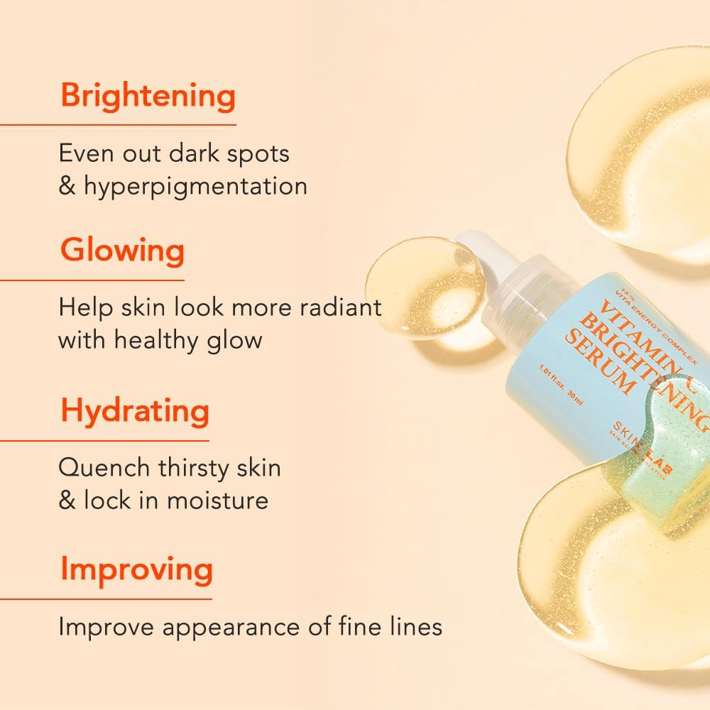 Skin&Lab Vitamin C Brightening Serum melhora o tom e a textura da pele, reduzindo manchas escuras e hiperpigmentação. Hidrata, dá um brilho saudável e melhora a elasticidade da pele. Perfeito para dar à pele uma aparência radiante e uniforme.