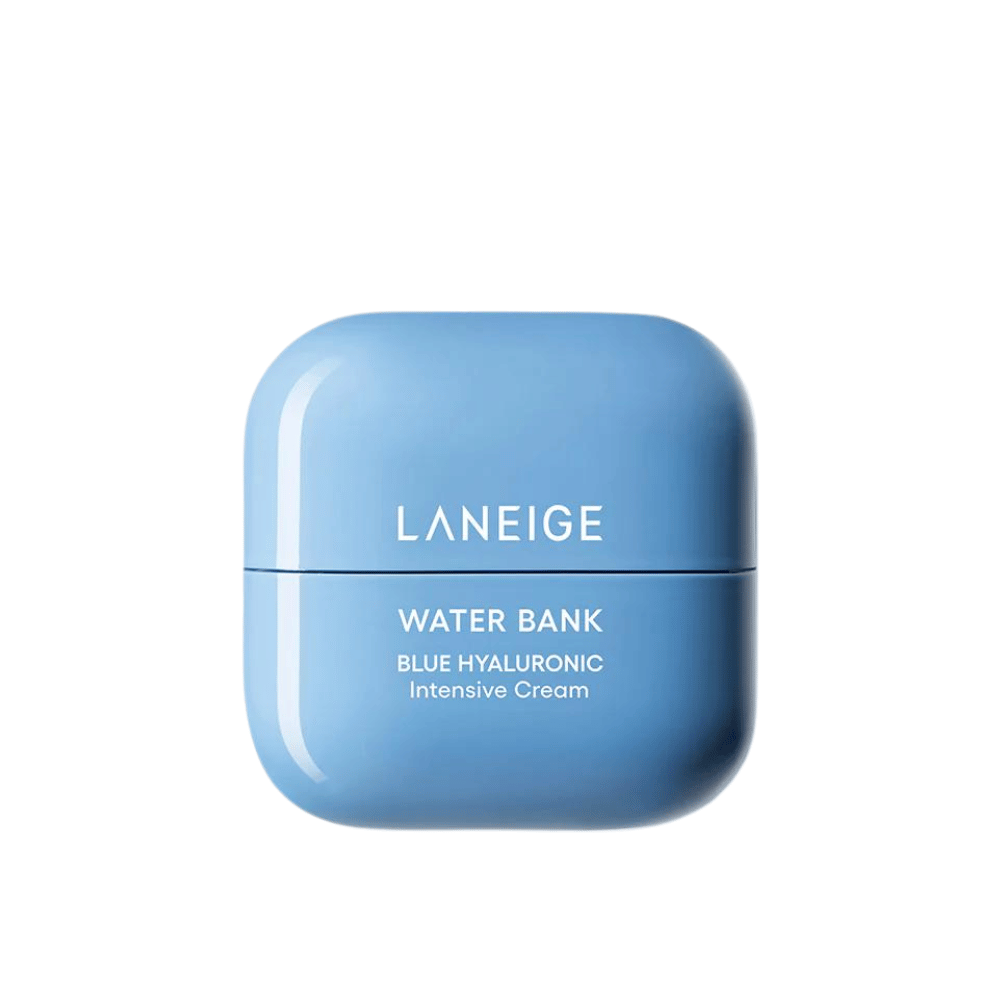 LANEIGE Water Bank Blue Hyaluronic Intensive Cream em lata azul arredondada, isolada contra fundo branco.