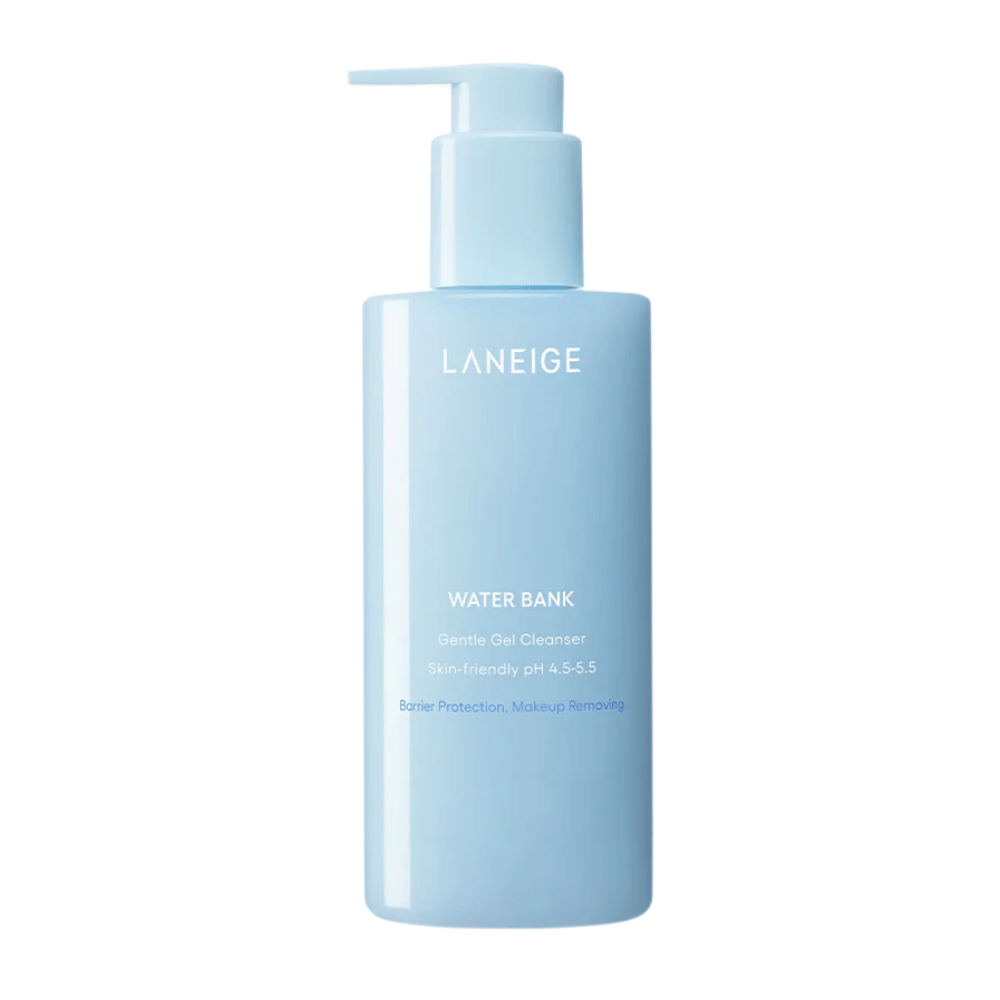 LANEIGE Water Bank Gentle Gel Cleanser em frasco de bomba azul-claro com texto branco, destacado contra um fundo branco.