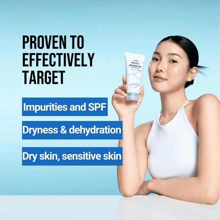 Pessoa com pele limpa e hidratada segura Jumiso Waterfull Hyaluronic Acid Cleansing Foam. A imagem descreve a capacidade do produto de atuar sobre impurezas, resíduos de SPF, secura e pele sensível.