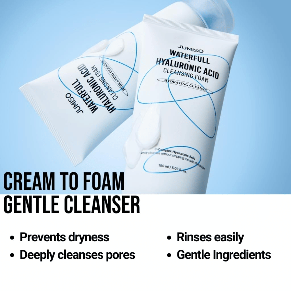 Duas bisnagas de Jumiso Waterfull Hyaluronic Acid Cleansing Foam sobre fundo azul-claro. A imagem destaca um produto de limpeza em creme-para-espuma que limpa os poros suavemente, combate a secura e é fácil de enxaguar.