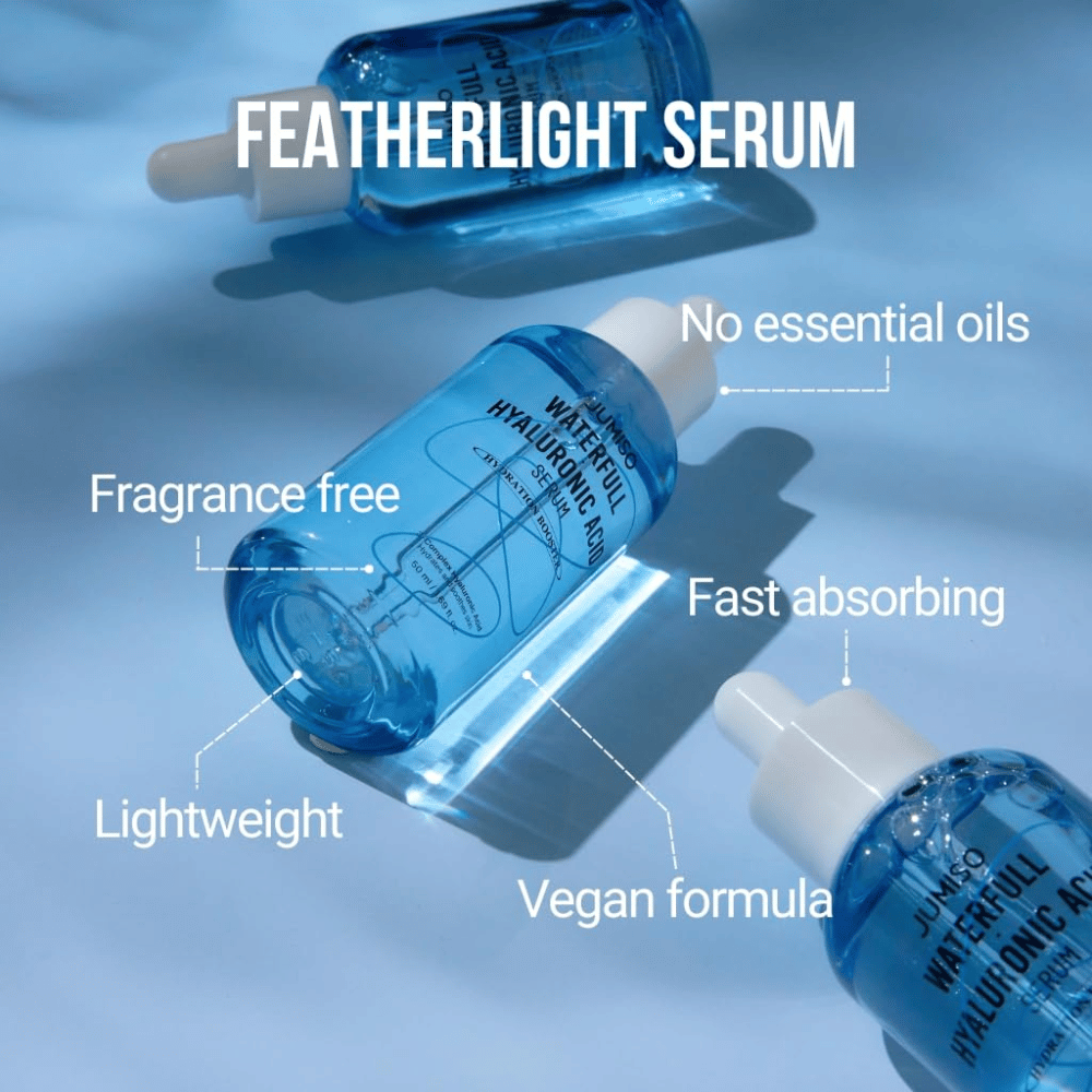 Jumiso Waterfull Hyaluronic Acid Serum – sérum leve de ácido hialurônico sem perfume e óleos essenciais, sérum hidratante de rápida absorção e vegano para todos os tipos de pele