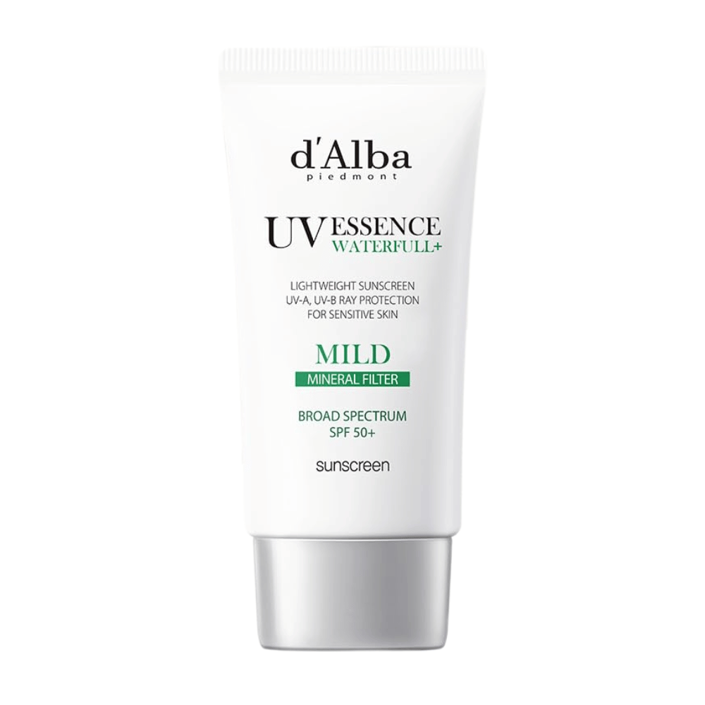 d’Alba Waterfull Mild Sun Cream SPF 50+ – creme solar suave com filtro mineral que protege a pele sensível contra UVA/UVB. Fórmula leve e hidratante em tubo branco elegante.