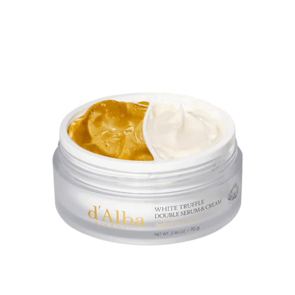 d'Alba White Truffle Double Serum & Cream combina um sérum e um creme num prático frasco dividido em duas partes. Este produto oferece hidratação intensa e nutrição graças ao extrato de trufa branca, proporcionando à pele uma sensação radiante e mais firme.