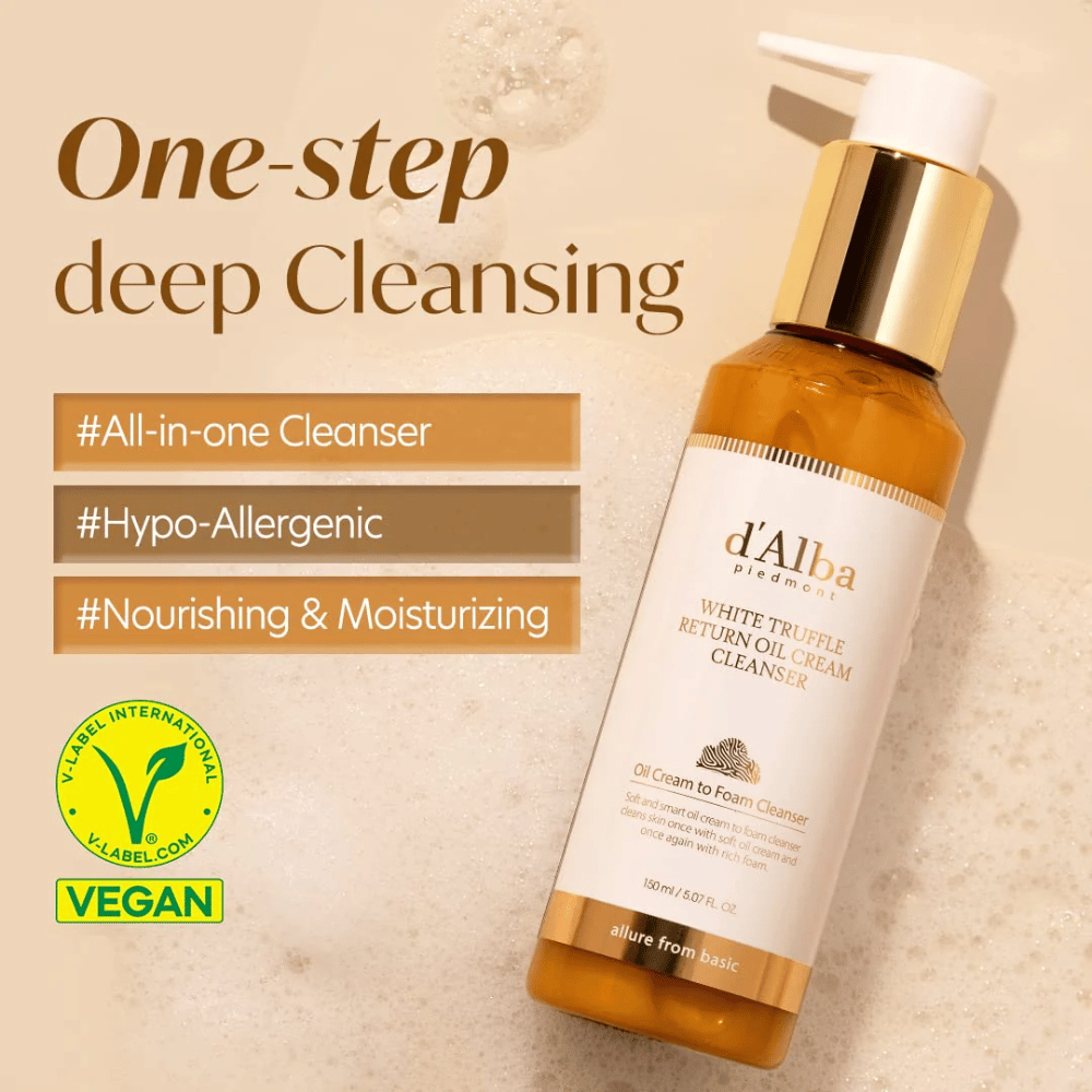 d'Alba White Truffle Return Oil Cream Cleanser é um creme de limpeza vegano e hipoalergênico com limpeza profunda em um único passo. Este limpador tudo-em-um é nutritivo e hidratante, transformando-se de óleo em espuma para limpar eficazmente a pele, deixando-a macia e fresca.
