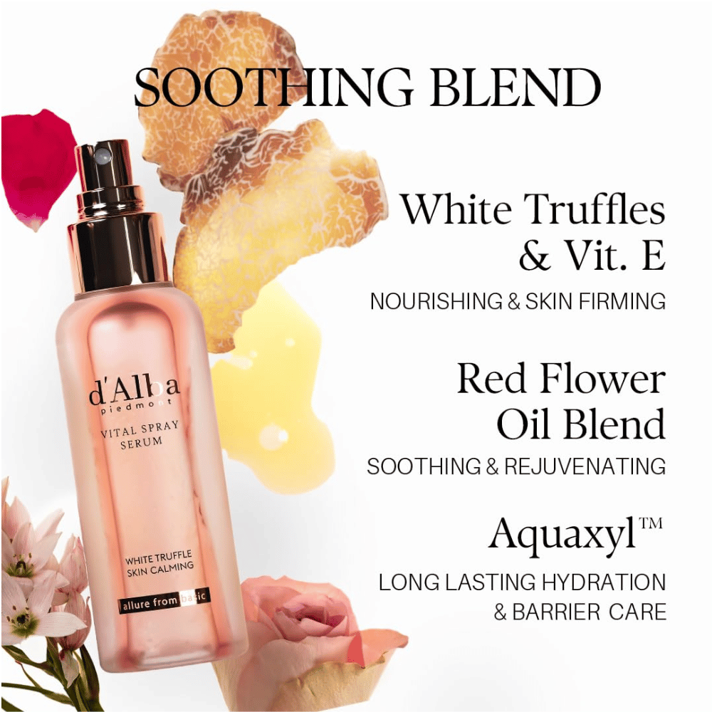 d'Alba White Truffle Vital Spray Serum – trufa branca, vitamina E, óleos florais e Aquaxyl para hidratação e cuidado da barreira cutânea