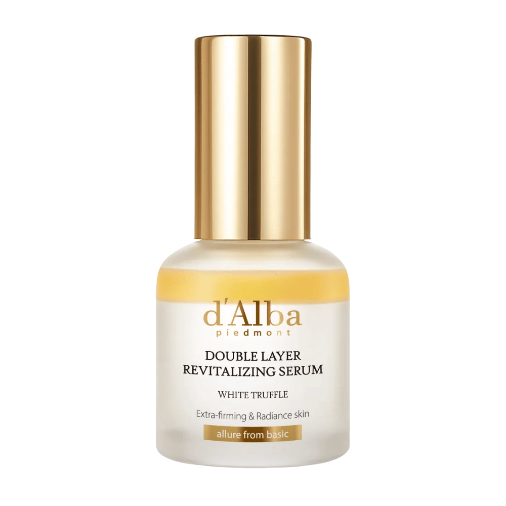 d'Alba Double Layer Revitalizing Serum White Truffle em elegante frasco de vidro com tampa dourada, projetado para firmeza extra e brilho na pele.