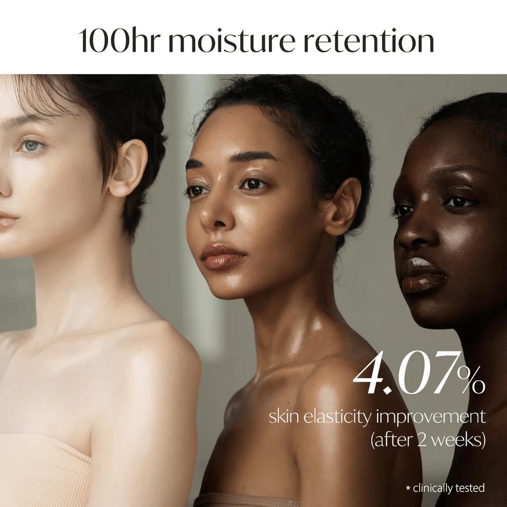 Três mulheres com diferentes tons de pele exibem pele hidratada. Texto na imagem destaca retenção de umidade de 100 horas e 4,07% de melhoria na elasticidade da pele após 2 semanas, clinicamente testado.