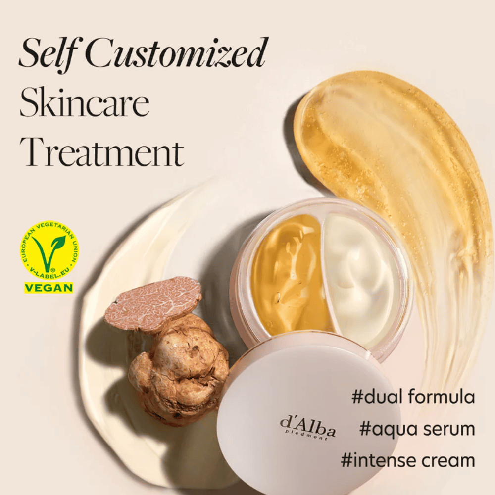 d'Alba White Truffle Double Serum & Cream é um produto de cuidados com a pele vegano que oferece uma experiência de cuidados personalizada. Possui uma fórmula dupla com tanto um sérum aqua quanto um creme intensivo, perfeito para hidratar e fortalecer a pele.