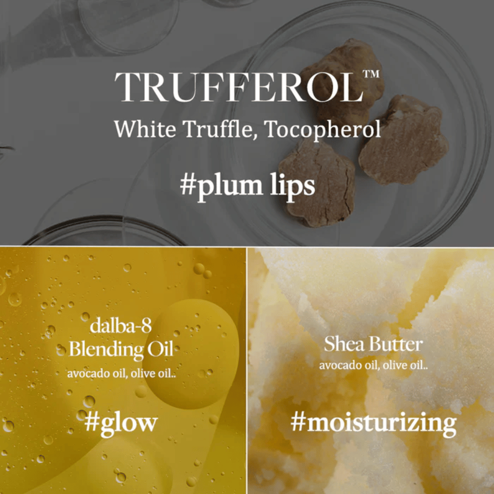 Imagem de ingredientes com Trufa Branca, Tocoferol, Óleo de Mistura e Manteiga de Karité para d'Alba Nourishing Serum Lip Balm, marcado com hashtags #plum lips, #glow e #moisturizing.