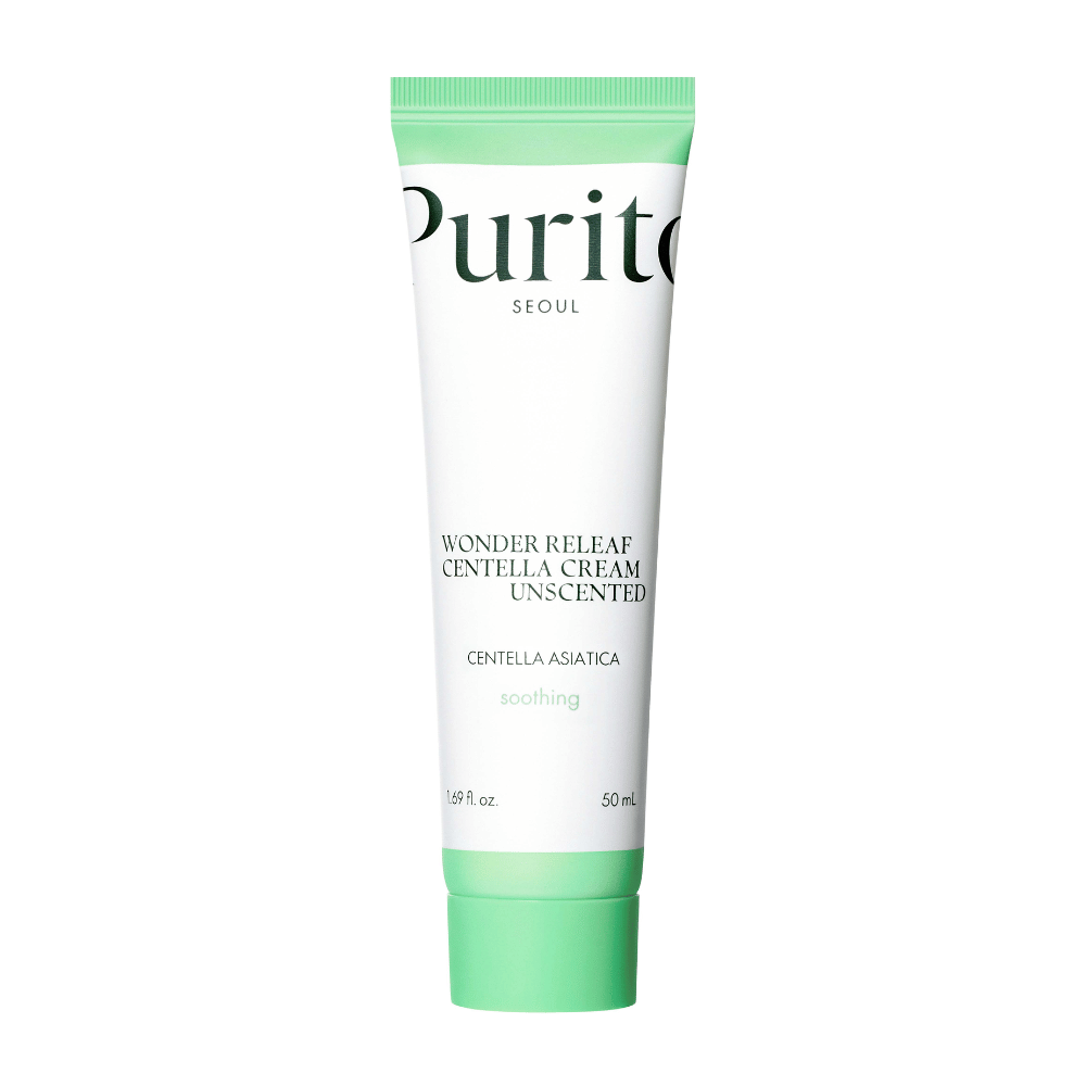 Purito Wonder Releaf Centella Cream Unscented é um creme facial hidratante e calmante com extrato de Centella Asiatica. A fórmula sem perfume fortalece a barreira da pele e alivia a irritação, tornando-a ideal para pele sensível.
