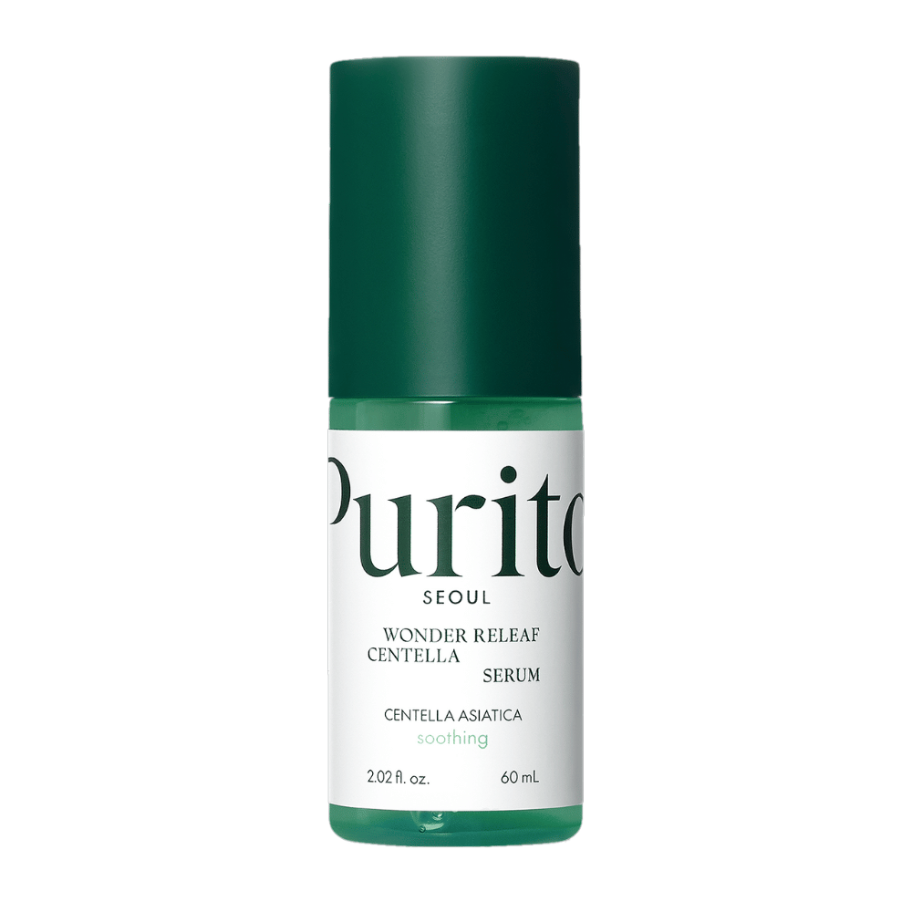 Purito Wonder Releaf Centella Serum em uma garrafa verde e branca com conteúdo de 60 ml, centrada contra um fundo branco.