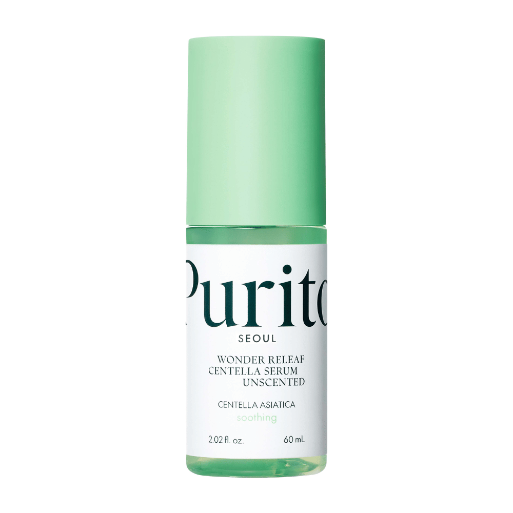 Garrafa fechada de Purito Wonder Releaf Centella Serum, sem fragrância, contra um fundo branco.