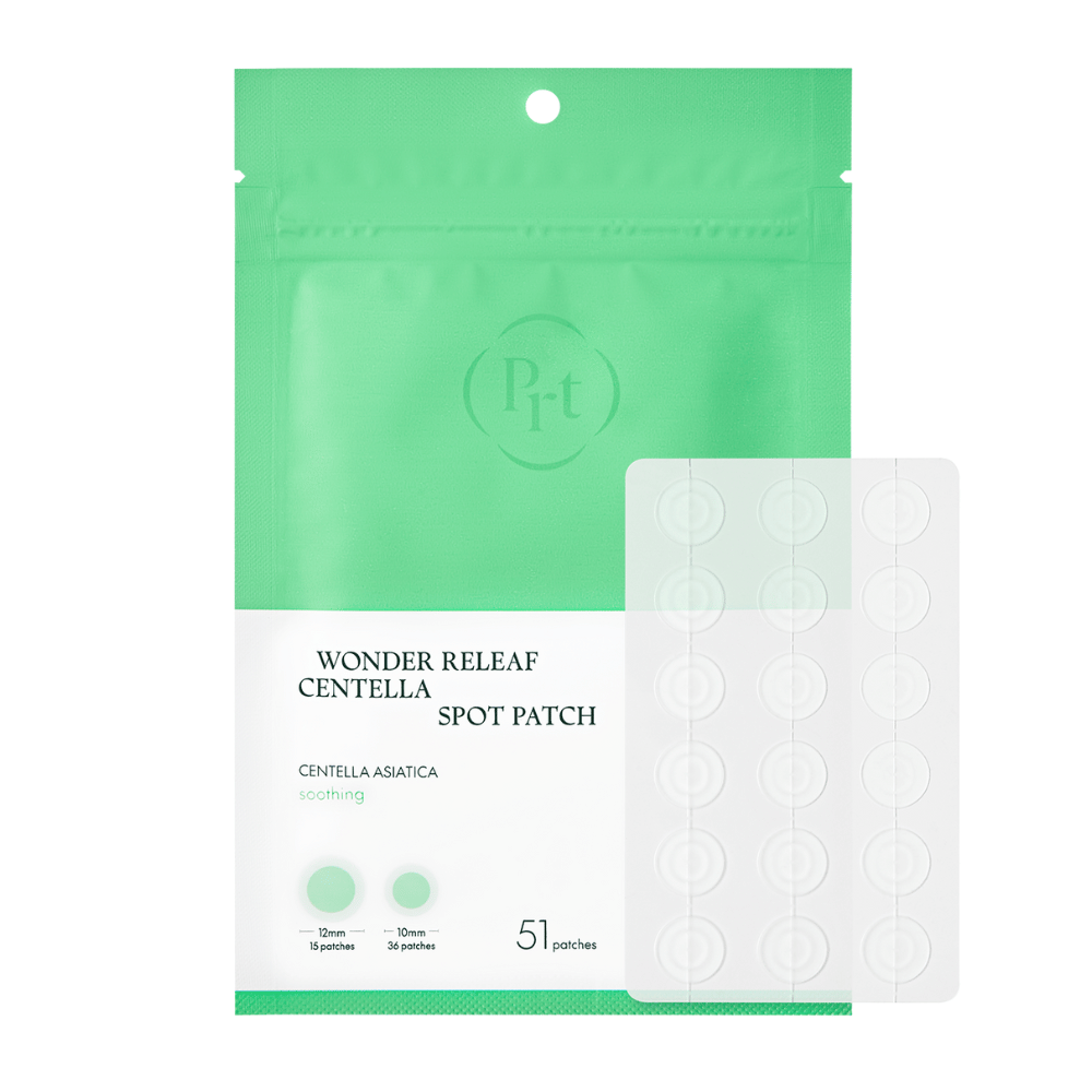 Imagem do produto de Purito Wonder Releaf Centella Spot Patch com embalagem e 51 adesivos transparentes para acne em dois tamanhos para tratamento pontual eficaz.