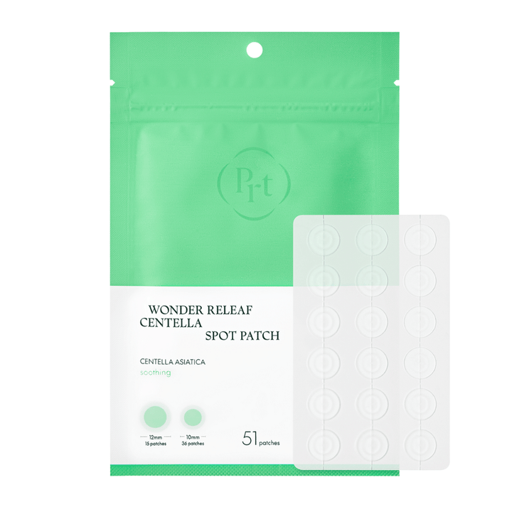 Imagem do produto de Purito Wonder Releaf Centella Spot Patch com embalagem e 51 adesivos transparentes para acne em dois tamanhos para tratamento pontual eficaz.