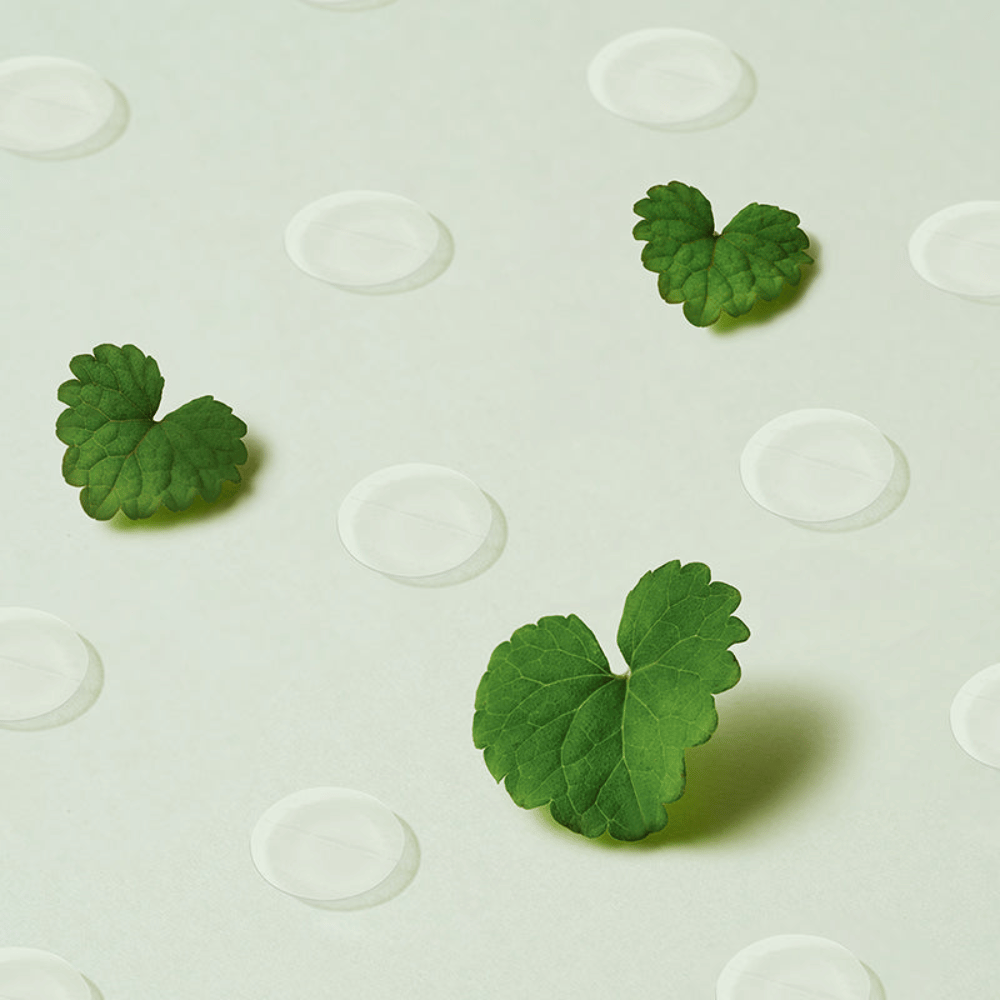 Adesivos transparentes para manchas junto com folhas de centella que ilustram Purito Wonder Releaf Centella Spot Patch e seu efeito calmante em pele inflamada e sensível.