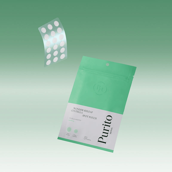 Purito Wonder Releaf Centella Spot Patch com embalagem e adesivos transparentes para acne, tratamento pontual calmante com centella asiatica para espinhas e pele irritada.