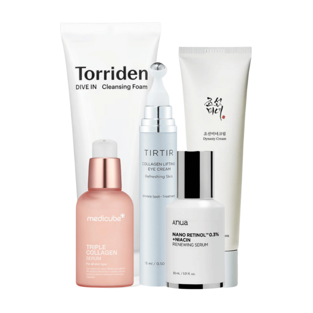 Este conjunto, "Youthful Radiance Anti-Aging Kit", inclui uma variedade de produtos de cuidados com a pele para reviver e cuidar da pele madura. O conjunto contém Torriden Dive In Cleansing Foam, Tirtir Collagen Lifting Eye Cream, Medicube Triple Collagen Serum e Anua Nano Retinol 0.3% + Niacin Renewing Serum juntamente com Beauty of Joseon Dynasty Cream.