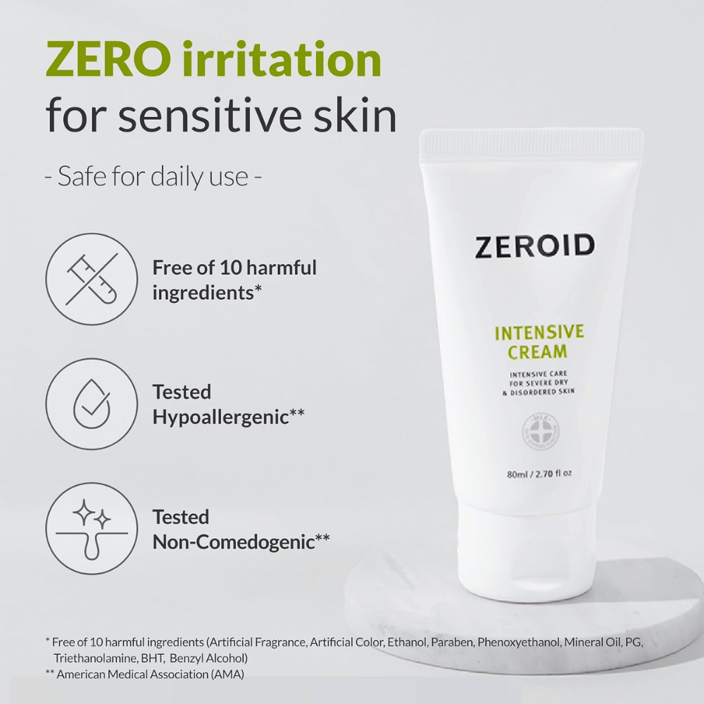 ZEROID Intensive Cream foi desenvolvida para pele sensível e não contém dez ingredientes comuns que podem causar irritação. O creme foi testado como hipoalergénico, não comedogénico e é adequado para uso diário.
