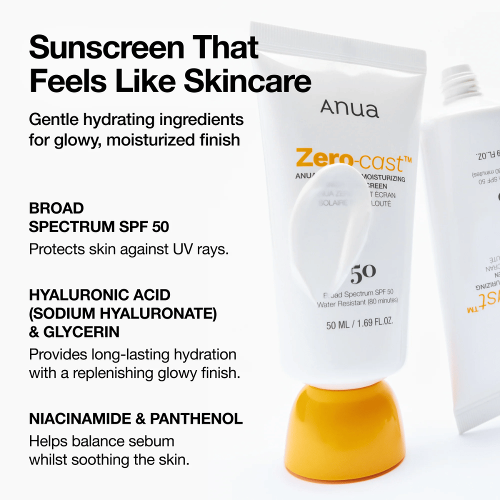 Close-up de ANUA Protetor Solar Hidratante Zero-Cast com SPF 50 – protetor solar em tubo branco com tampa laranja, mostrando texto sobre ingredientes como ácido hialurônico, niacinamida e pantenol para pele hidratada e protegida.