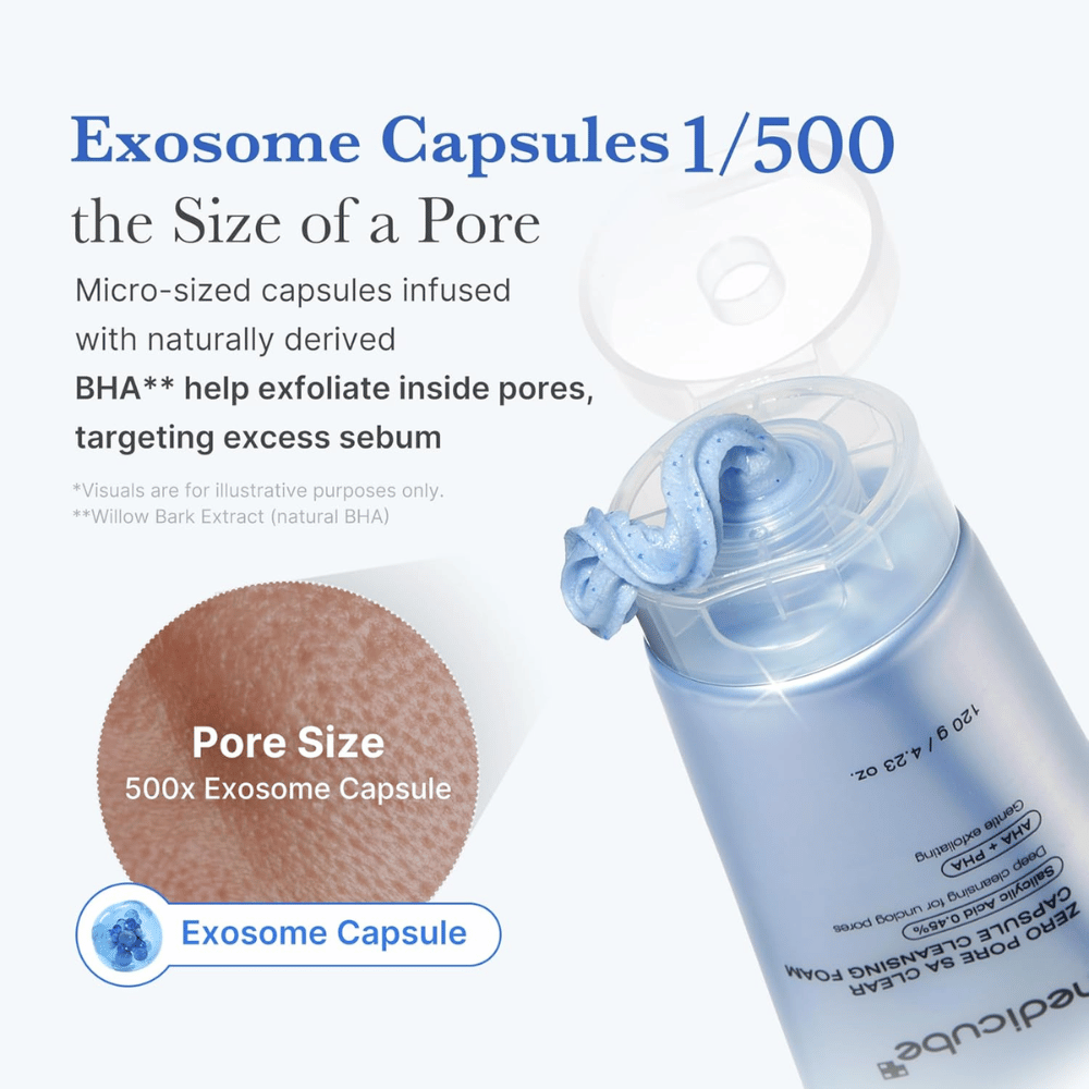 Medicube Zero Pore Capsule Cleansing Foam com cápsulas de exossomas e BHA que dissolvem o sebo e limpam os poros sem obstruir a pele.