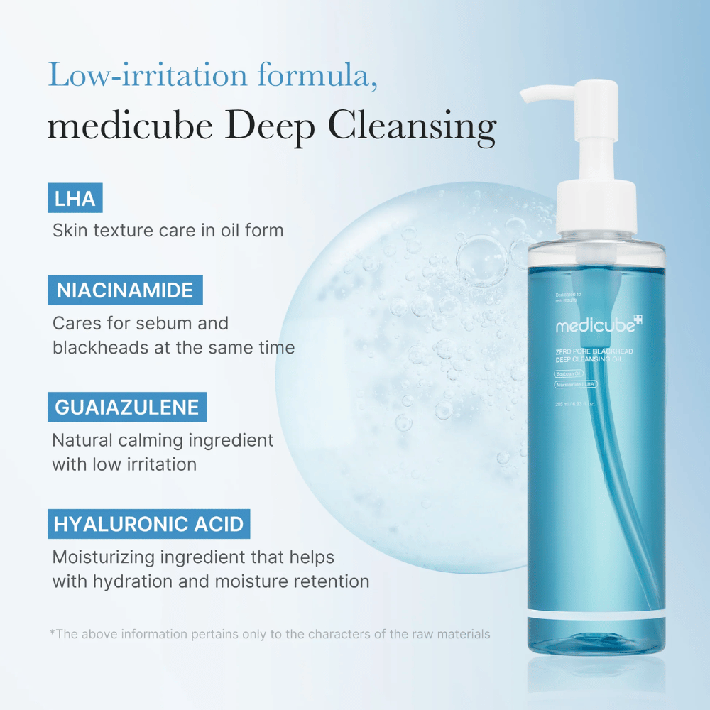 Medicube Zero Pore Blackhead Deep Cleansing Oil com os ingredientes LHA, Niacinamida, Guaiazuleno e Ácido Hialurônico apresentados como características-chave para uma limpeza suave e eficaz.