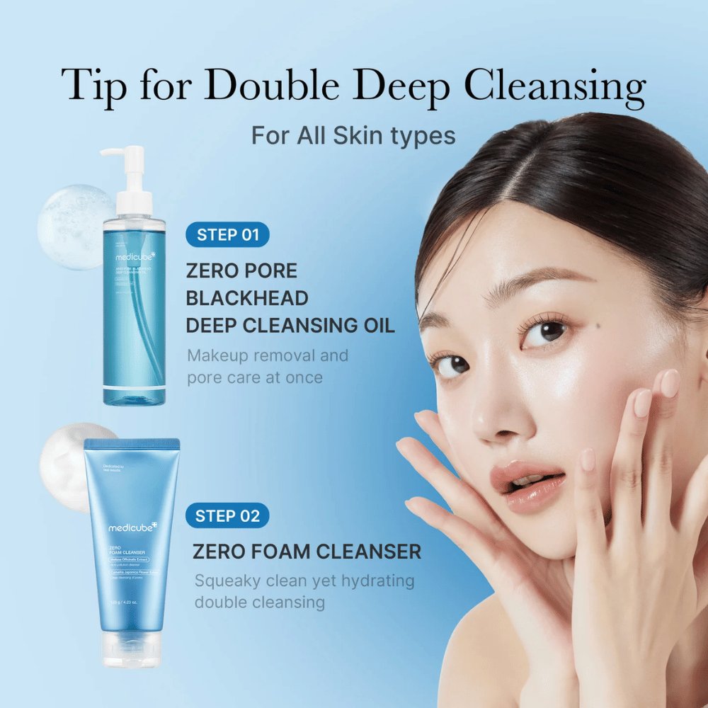 Imagem publicitária para Medicube dupla limpeza com Zero Pore Blackhead Deep Cleansing Oil e Zero Foam Cleanser, juntamente com uma mulher mostrando sua pele limpa e hidratada.