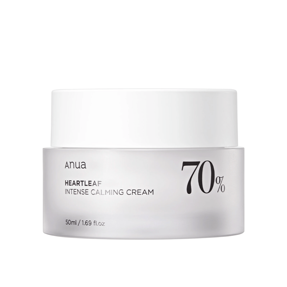 Pote branco com "Anua Heartleaf Intense Calming Cream" com a marcação "70%", marcado com um volume de "50ml/1.69 fl.oz."