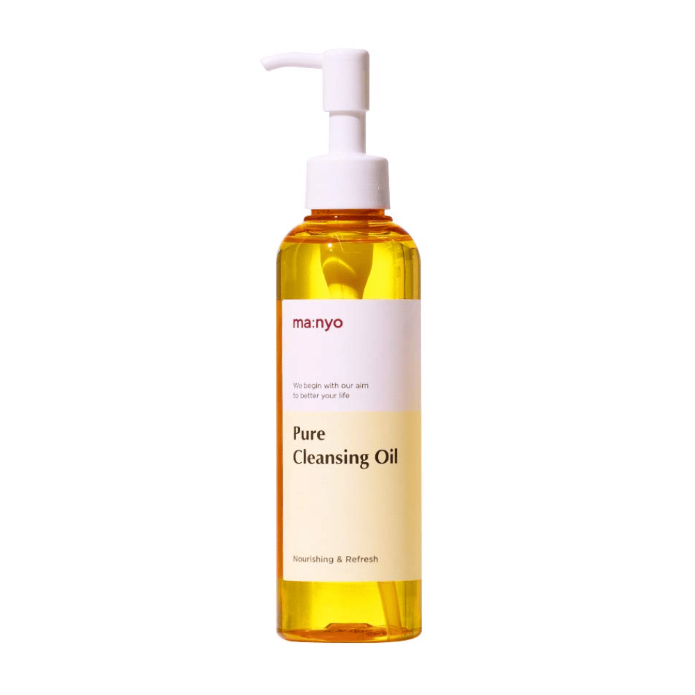 Uma garrafa ma:nyo Pure Cleansing Oil 200ml para remoção de maquiagem exposta sobre um fundo branco.