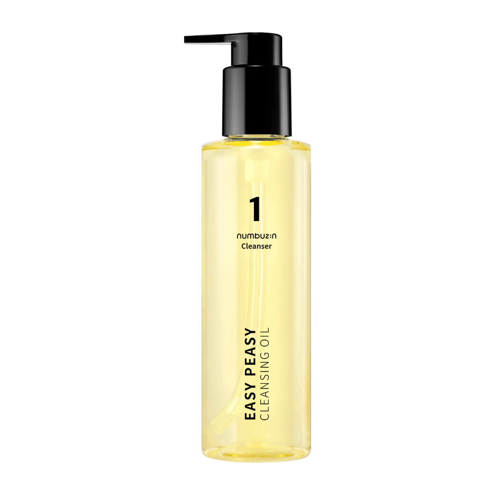 Imagem do produto Numbuzin No.1 Easy Peasy Cleansing Oil, frasco transparente com bomba e tampa preta sobre fundo branco.