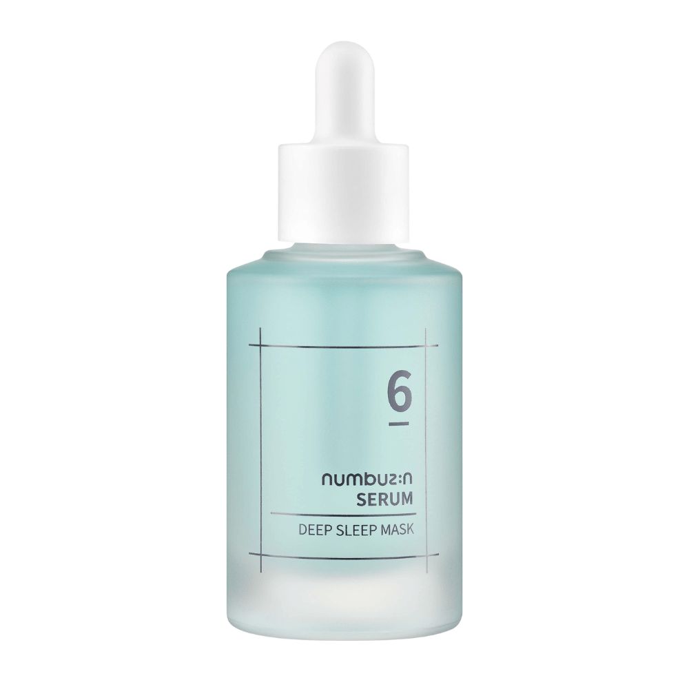 numbuzin No. 6 Deep Sleep Mask Serum em frasco azul fosco com conta-gotas, projetado para cuidados com a pele profundamente hidratantes.